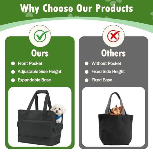 Dog Purse Carrier for Small Dogs Under 10 lbs Soft Sided Pad | Adjustable Velcro Side Pad, Extendable Bottom, Safety Leash Clip, Large Storage Pocket, Black - color: Black