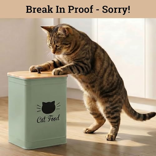 Metal Cat Food Container with Scoop 5-7 lb (25 Cup), w/ Airtight Bamboo Lid | Cat Kibble Canister with Metal Scoop, 25 Cups, Chew Proof Iron Body, Powder Coated, Airtight Bamboo Lid, Sturdy Metal Handle - color: Sage Green