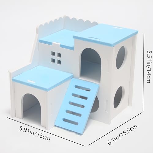 Blue Wooden Hamster Maze & Double-Decker Hut with Fun Slide - for Dwarf Hamsters, Mice, Gerbils, All Small Pets - color: BLUE