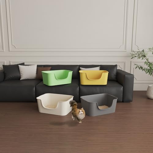 Low Entry Cat Litter Box with High Sides - Open-Top Anti-Splash, Durable Easy-Clean Pan for Kittens, Munchkin Cats, Senior Medium-Sized Cats & Small Pets (Rabbits), 19.3”x13.3”x7.8” Beige