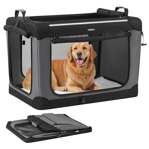 Feandrea Collapsible Dog Crate, Portable Travel Crate, 36-Inch | Oxford Fabric Pet Carrier with 4 Mesh Doors, Handles, Storage Pocket, Water Bottle Holder, UPDC019B01 - size: XL（36"L x 25"W x 25"H)
