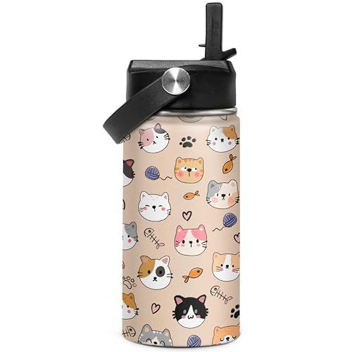 SANDJEST Kids Water Bottle Cat Water Bottles 12oz with Straw Insulated Stainless Steel Travel School Tumbler Double Wall Vacuum Cup for Girls Kid Boys - color: Cat 2