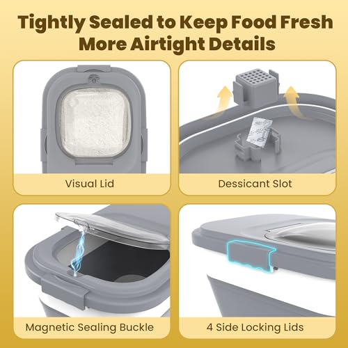 HOYTAMDA 25-35Lbs Collapsible Rice Container,Food Storage Containers Wheels | Rice Storage Container with Airtight Clear Lid,Handle,Small Bin &Scoop,Rice Dispenser for Flour Sugar Cereal Dog Cat Food - color: Grey/25-35lbs