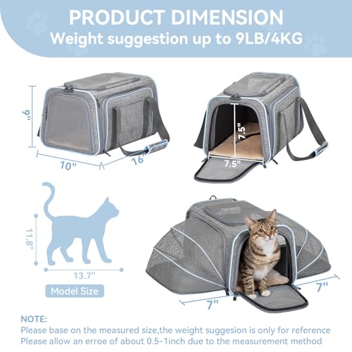 Petsfit Small Double Expandable Cat Carrier for Kittens and Air Travel | 16 x 10 x 9 in; sized for Alaska Airlines, with locking zippers, an interior safety tether and multi-side ventilation. - color: Light Grey, size: 16.0"L x 10.0"W x 9.0"H