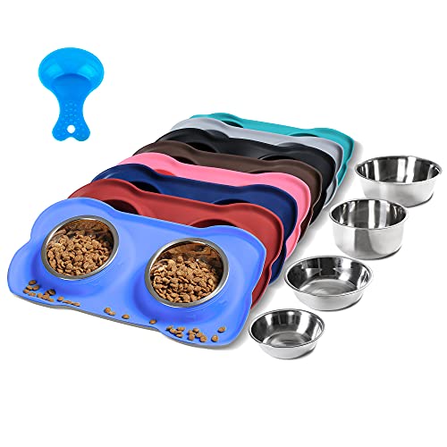 Hubulk Pet Dog Bowls 2 Stainless Steel Dog Bowl with No Spill Non-Skid Silicone Mat + Pet Food Scoop Water and Food Feeder Bowls for Feeding Small Medium Large Dogs Cats Puppies (Small, Blue) - color: Blue, size: Small