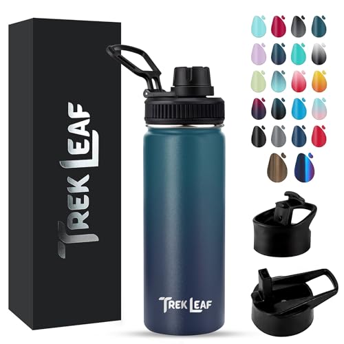 Travel Water Bottle with 3 Lids (Spout, Straw, Flip) Leak Proof, Quality, Vacuum Insulated, Stainless Steel (Deep Water, 18 oz) - color: Deep Water, size: 18 Ounces