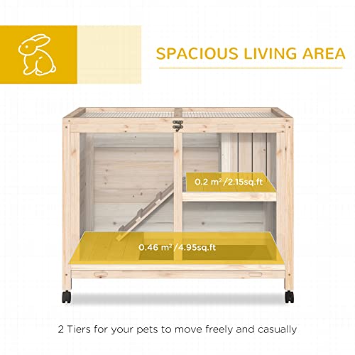 PawHut Rabbit Hutch with Wheels, Desk and Side Table Sized, Wooden Rabbit Cage, Waterproof Small Bunny Cage with Removable Tray, Openable Roof, for Indoor & Outdoor, Natural | Wooden Rabbit Cage, Waterproof Small Bunny Cage, Removable Tray, Openable Roof,