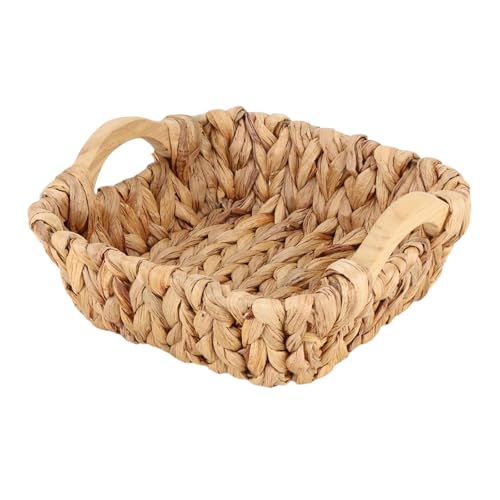 Square Small Water Hyacinth Wicker Basket for Organizing | Decor Woven Storage with Wooden Handles, Perfect for Shelves, Snack, Countertops or as Gift Basket