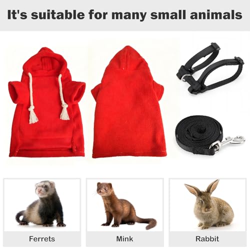 Small Pet Harness Vest and Leash Set Ferret Clothes Hoodies for Ferrets for Outdoor Walking Rabbit Ferret Guinea Pig Bunny Hamster Puppy Kitten (red Clothes + Leash) - color: red clothes + leash