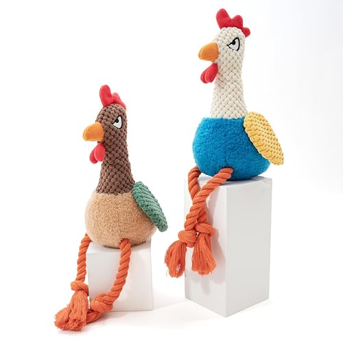 Plush Chicken Dog Toy with Squeaker and Rope Legs for Small Dogs | Soft fabric design with fun sound effects, perfect for tug games, fetching, indoor activities and daily bonding with pets - color: Brown Rooster
