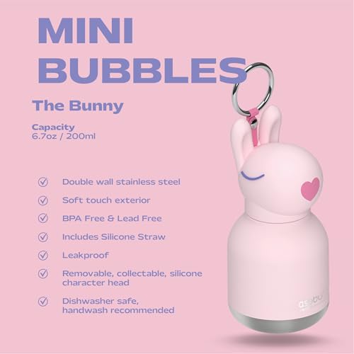 asobu Mini Bestie Water Bottle, Cute Collectible Character, Stainless Steel | 6.7 oz, Leak Proof Seal, Spill Resistant, BPA Free Materials, Dishwasher Safe, Reusable Straw Included, Great Gift Idea - color: MINI BUBBLES THE BUNNY
