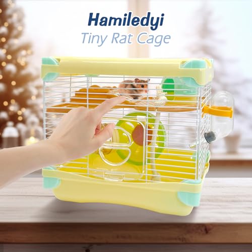 Hamiledyi Portable Hamster Cage 2 Layers Dwarf Hamster Habitat 10.90”L*8.07”W*9.84”H Small Animal Travel Cage with Exercise Wheel Hamster Enclosure Mouse Cage for Hamsters Mice Gerbils Tiny Pets - color: Yellow