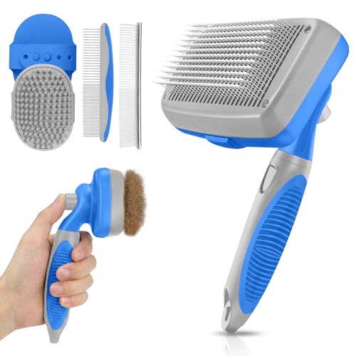 Self Cleaning Shedding Brush - 5-in-1 Professional Pet Grooming Kit Skin Friendly Grooming Tool for Dogs, Cats, and Puppies, Deshedding and Hair Removal for Long and Short Haired Pets（Blue-Grey） - color: Blue-Grey