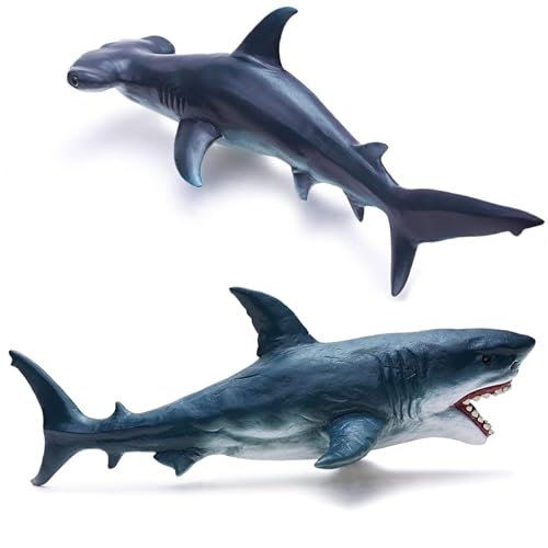 Gemini&Genius Great White Shark Hammerhead Shark Toy Set Sea Animal Figures | 10 Inches Length Ocean Models for Kids Educational, Role Play, Swim, Bath and Collectors - color: White