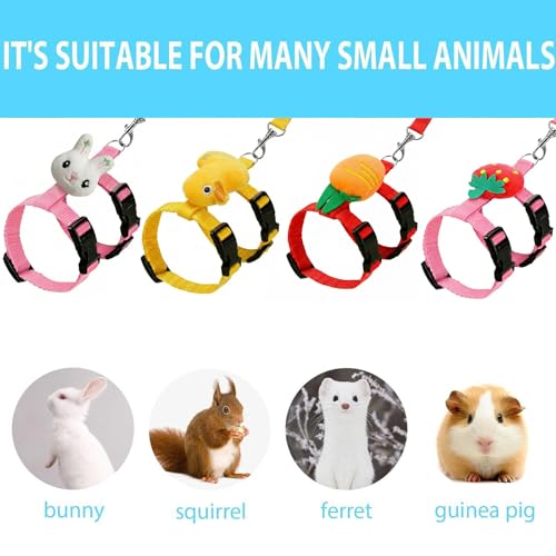 4 Sets Adjustable Bunny Rabbit Harness and Leash Set Small Pet Cute Vest Harness Leash with Decoration for Bunny Ferret Small Pets(Designs: Rabbit/Carrot/Duck/Strawberry)