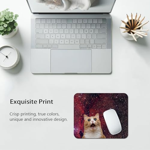 Surprised Space Cat Meme Mouse Pad, Funny Cosmic Kitty Red Nebula Desk Mat | Shocked Orange Tabby Cat Galaxy Background, Fantasy Design, 9.5 x 7.9 Inches, Anti-Slip Base, Cute Smooth Mousepad - color: Brown Dark Red