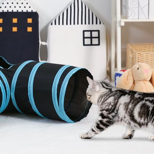 Pet Cat Tunnel, T-3 Way Tunnels for Indoor Cats, Collapsible Pet Tunnel for Kitten, Puppy, Rabbit, 25cm-Wide Tunnels, Durable & Breathable, with Peek Hole Toy Ball - color: T-Junction Tunnel & Black/Blue