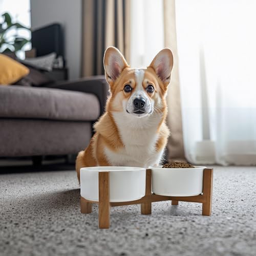 SPUNKYJUNKY Acacia Wood Stand Dog Bowl Set Raised, Ceramic Dog Food & Water Bowl for Medium Dogs (28.74 OZ, White) - color: White, size: 28.74 Oz
