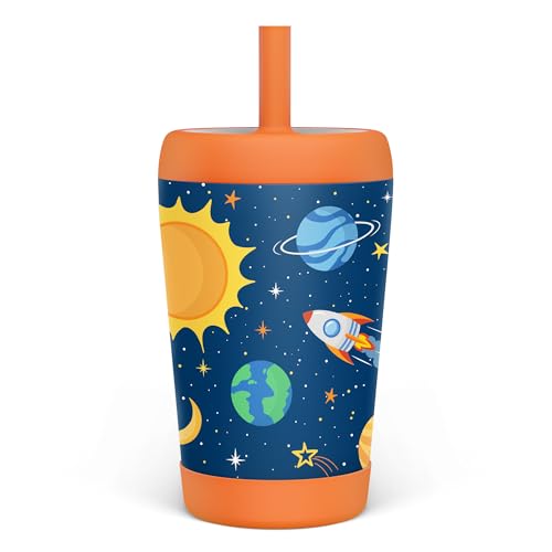 SANDJEST Kid Insulated Stainless Steel Tumbler with Silicone Straw, 12oz Sippy Cup for Kids (Outer Space) - color: Outer Space