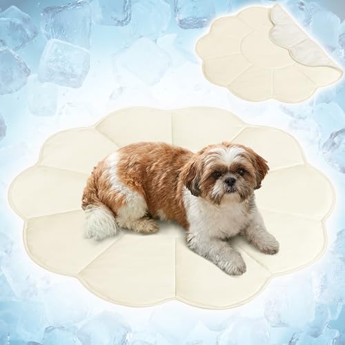 PetAmi Dog Cooling Mat, Flower Shape, Pet Pad with Cooling Nylon & Soft Fleece, Q-Max > 0.4 Reversible All Season Blanket for Dogs & Cats, Medium 44x44 in, Beige - color: Beige, size: Medium