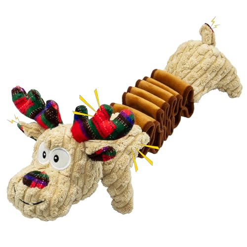 Christmas Squeaky Pet Gift Crinkle Dog Toys Deer | Interactive Puppy Teething Chew Toy with Sound Paper Tail Stuffed,Keep Them Busy, Large Medium Small Breeds Indoor Play - style: Christmas Deer Pulling Belt