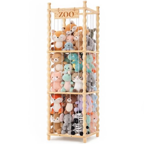 Stuffed Animal Storage Organizer, Wood Animals Zoo Toy Plushies Storage Holder with Cute Wave Design, Large Capacity Plush Toy Cage for Kids Room, Nursery & Playroom Organization(54" Tall)