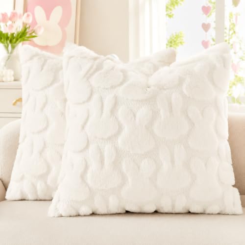 decorUhome Cream White Faux Fur Bunny Throw Pillow Covers 20X20 Set of 2 | Plush Soft Wool Jacquard Cream White Rabbit Cushion Covers, Modern Farmhouse Easter Holiday Decor PillowCases for Sofa Bed - color: Rabbits Cream White, size: 20" x 20" (Pack of 2)