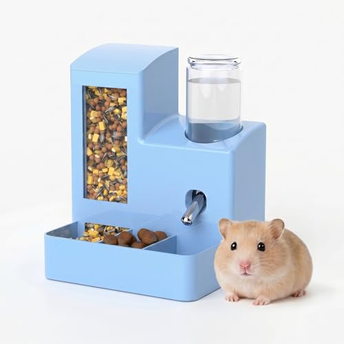Automatic Hamster Feeder, 2-in-1 Water Bottle Dispenser No Drip | 5.51x4.33x6.49 Inch compact design with hamster water bottle, hamster food bowl and hamster accessories for small pets. - color: Blue