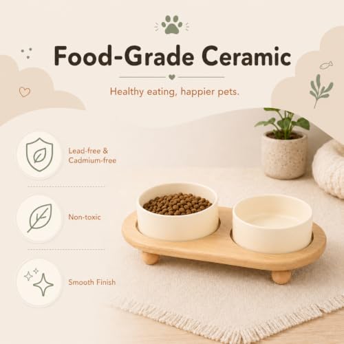 Havniva Raised Cat Bowl 5.1” Elevated Ceramic Cat Food and Water Bowl Set | Cat Bowls Elevated, Whisker Friendly Cat Bowl, Non-Slip Wood Stand, Food-Grade Ceramic, Wide Opening, Dishwasher Safe - color: 2 x Bowl + Stand - Light Yellow, size: 5.1inch