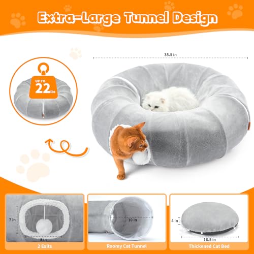 Cat Tunnel Bed for Indoor Cats 35.5 Inch XL Cat Donut Tunnels Grey | 2 in 1 Cat Tunnels for Indoor Cats Kitten Puppy Rabbit Pet Tunnel Toy with Washable Cushion Bed Grey