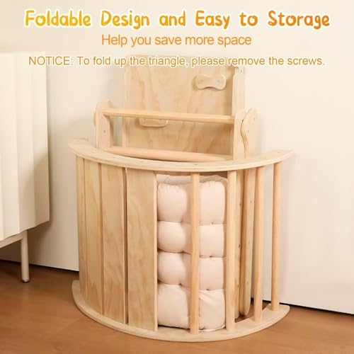 Pikler Triangle Set with Cushion, 7 in 1 Toddler Climbing Toys Indoor | Foldable Space-saving Design, Montessori-inspired Learning, Reversible Slide & Ramp, ASTM F963 Standards for Toddlers 18M-5Y - color: Nature Wood