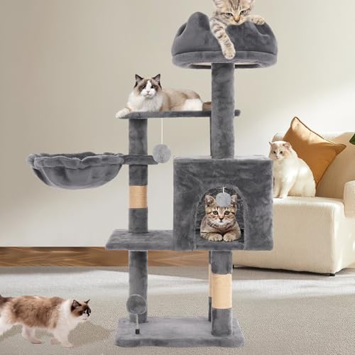 Cat Tree Tower with Hammock,40" Cat Trees for Indoor Cats Large Adult(Grey) | Modern Cat Tree Tower with Scratching Post, Cats Condo Furniture with Cloud Top Perch, Cats Climbing Tower for Kittens - color: Grey