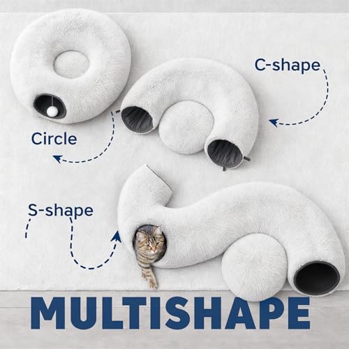 Large Cat Donut Tunnel Bed - Cat Tunnels for Indoor Cats - Circle Hideaway with Cat Toys, 3-in-1, Gift-Ready DIY Collapsible Plush Cat Tube, Rabbit, Kitty