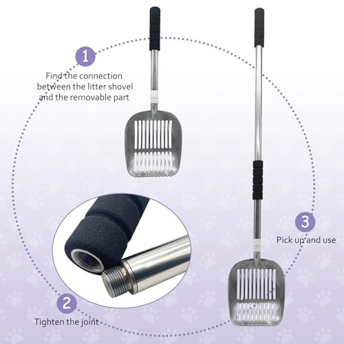 PINVNBY Cat Litter Scooper, Long Handle Litter Sifter Scoop with Litter Scoop Holder Stainless Steel Kitten Scooper Deep Kitty Litter Scooper with Box Metal Detachable Sifting Litter Shovel Set - color: Silver