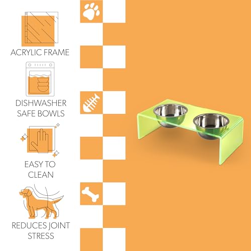 DBL2000G Keaton 5" Small/Medium Modern Acrylic Rectangular Elevated Pet Feeder with 20oz 2-Stainless Steel Bowls, Green/Chrome - color: Green/Chrome, size: 20 Ounces (5" Cups 2-Pack)