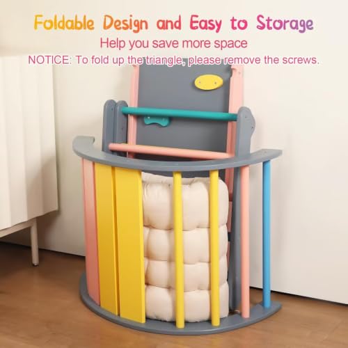 Pikler Triangle Set with Cushion, 7 in 1 Toddler Climbing Toys Indoor | Foldable Space-saving Design, Montessori-inspired Learning, Reversible Slide & Ramp, ASTM F963 Standards for Toddlers 18M-5Y - color: Rainbow With Blue