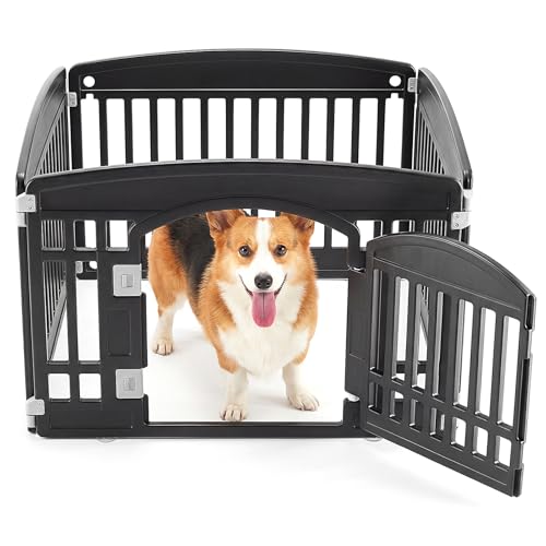 NEWBULIG 24 Inch 4 Panels Dog Playpen, Plastic Pet Play Pen Fence | Portable, Secure Locking Door, Indoor Outdoor Yard RV Camping, Small Medium Dogs, Black - color: Black, size: 4 Panels/24IN