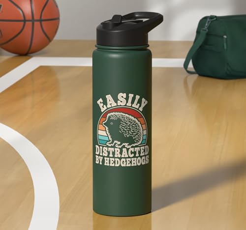 Easily Distracted By Hedgehogs Retro Hedgehog Men Women Kids Stainless Steel Insulated Water Bottle - color: Dark Green