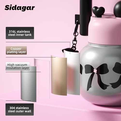 22 oz Tote Insulated Water Bottle with Handle, Leakproof, Bow | Cute design with durable 316L stainless steel, dual sip, keeps drinks hot or cold longer, travel and everyday hydration - color: Silver
