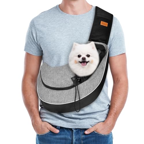 Pet Sling Carrier for Small Dogs Cats,Drawstring & Zipper Security Hook Triple Designs for Pets' Securty Dog Bag,Breathable Travel Pet Puppy Sling Carrier with Adjustable Strap(L (10-14 lbs)) - color: Black Grey, size: L (10-14 lbs)