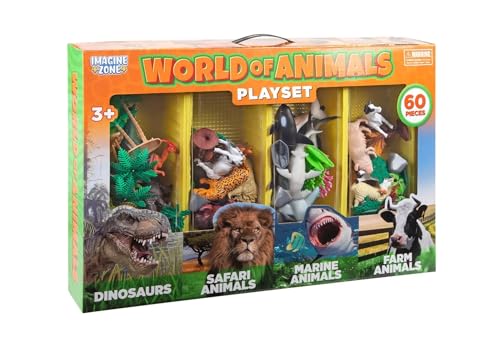 World of Animals 60-Piece Animal Figure Playset, 4 Animal Habitats, Ages 3+ | Includes Dinosaurs, Safari, Marine and Farm Animals with Trees, Coral and Rocks for Habitat Learning and Pretend Play