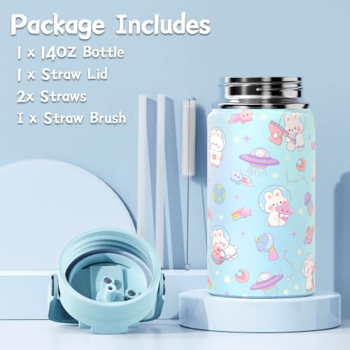 FIXITOK Girls Backpack with 14oz Insulated Water Bottle Set, Kawaii Bunny School Backpack for Girls with Kids Water Bottle Lunch Bag Pencil Case for Kindergarten Elementary Preschool School - color: W-dreamy Aquamarine