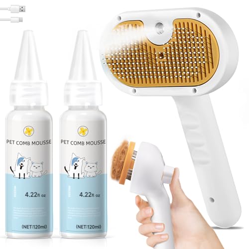 Pet Steam Brush for Dog & Cat Includes Waterless 2*Shampoo | Spray Hair Removal Comb for Shedding Grooming Softens Fur Reduces Static Water Brush for Long & Short Coats, Bath-Hating Pets - size: 7.8"-240ML
