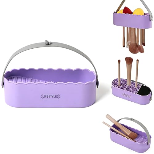 Makeup Brush Cleaner Mat Upgraded 4 in 1 Silicone Makeup Brush Cleaner Bowl Cosmetic Brushes Cleaning Tool Organizer for Storage and Air Drying (Purple)