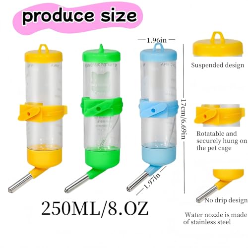 3 PCS 8.45 oz Hamster Water Bottles, No Drip Hanging Small Animal Drinking Bottles,Cage Water Bottles for Hedgehog/Squirrel/Hamster/Gerbil/Guinea Pig/Rabbit