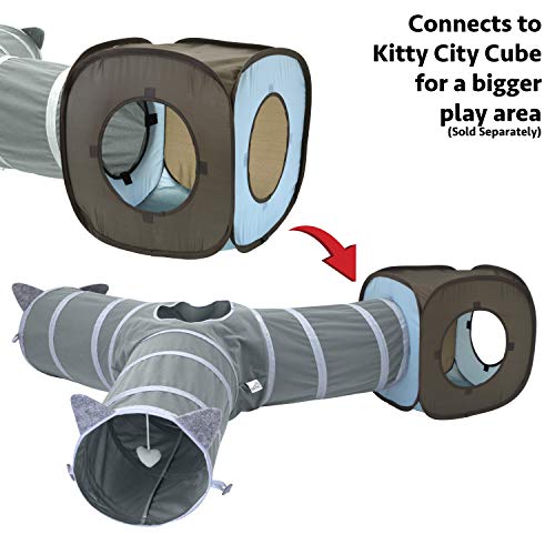 Kitty City Pop-Up Rolling Cat Cube & Tunnel Toy, Collapsible Indoor Cat Play Cube with Peekaboo Openings & Hanging Tassel, Lightweight Foldable Cat Furniture - Blue/Brown - color: Blue & Brown, size: Cube