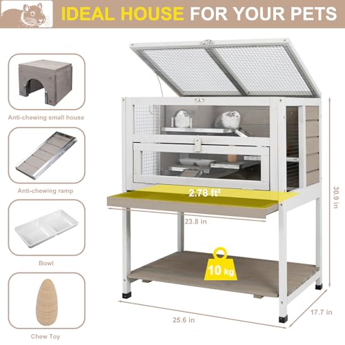 PetsCosset 25.6" Wooden Hamster Cage with No-Leak Pull-Out Tray | No-Leak Pull-Out Tray, Shelf and Ladder, Included Food Bowl, For Hamsters and Guinea Pigs, Small Animal Cage