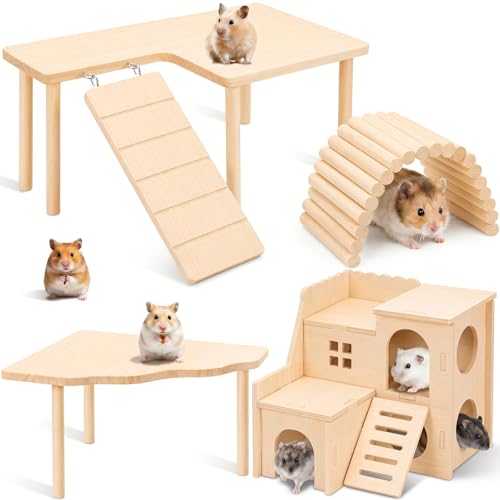 BreezeHug 4 Pcs Hamster Cage Accessories Hamster Platform Hideout Wooden Tunnel Ladder Playhouse Game Climbing Toy with Platform for Pets Dwarf Syrian Mice Degus Gerbils Squirrel(Loft) - style: Loft