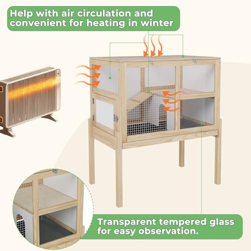 Timechee Guinea Pig Cages for 2, Small Animals Rabbit Cages with a Pull Out Tray, Large Wooden Indoor 2-Story Hamster House, Guinea Pig Hideout Habitat Playpen with Ramp, Platform, Natural