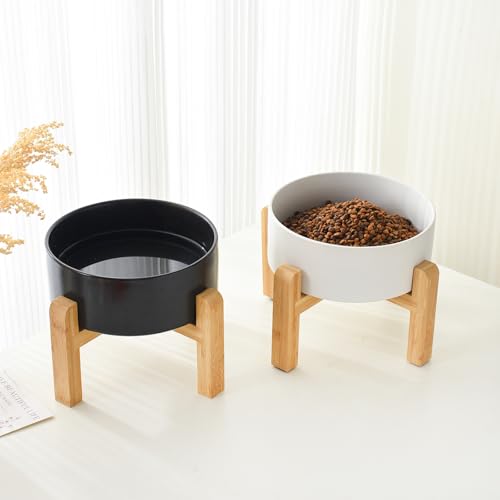 6'' Ceramic Raised Dog Bowl - 30Oz Dog Food & Water Bowl with Elevated Non-Slip Bamboo Stand, Dishwasher & Microwave Safe, Anti Vomiting Heavy Duty Pet Bowl for Small and Medium Dogs, Black - color: 1 x Bowl + Stand - Black, size: 6 inch